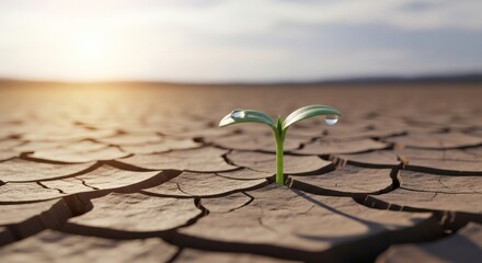 Small plant growing in dry cracked soil, symbolizing resilience and hope.