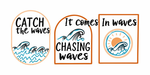 Three hand drawn illustrations with text about waves and the sun in a surfing theme
