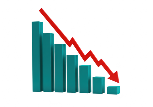 Bar chart showing a downward trend isolated on transparent background