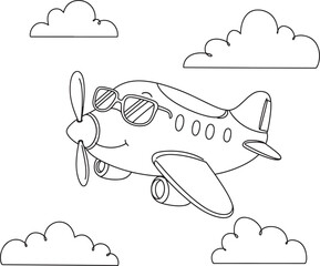 Cute Cartoon Airplane with Sunglasses in Flight