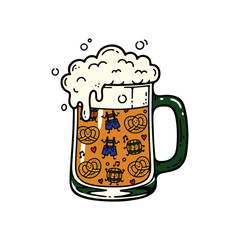 Oktoberfest festive mug filled with frothy beverage pretzels and dancing barrel characters tshirt design