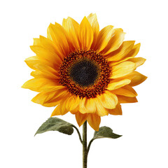 Fototapeta premium Close-up of a vibrant sunflower. Bright yellow petals surround a dark brown central disc. Green leaves are visible at the stem