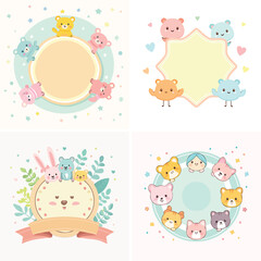 Label playful pastel cartoon collection, cute vector characters, soft vibrant design.