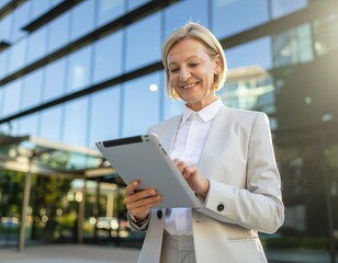 Fototapeta premium Portrait of Successful Businesswoman Using Digital Tablet in Front of Modern Office Building