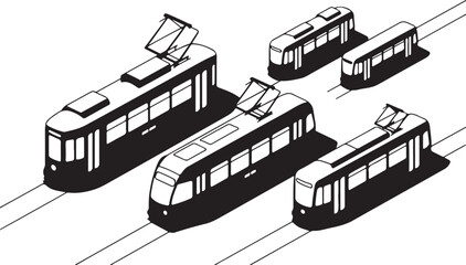 Isometric Tram Silhouette Collection Urban Public Transport Concept Art Illustration