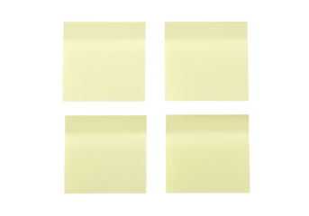 Four pale yellow sticky notes on transparent background