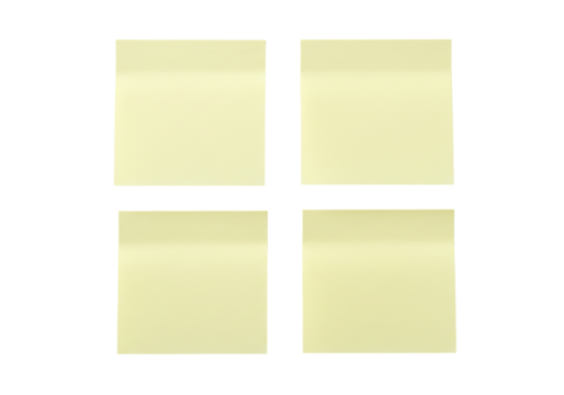 Four pale yellow sticky notes on transparent background