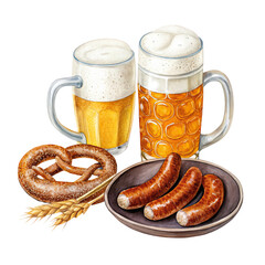 Two refreshing mugs of golden beer with frothy white heads and a plate of sausages and pretzel isolated on transparent background