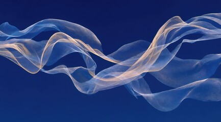 Abstract flowing fabrics in pale gold and blue against a deep blue background
