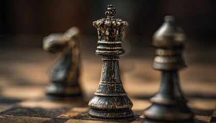 Fototapeta premium Close-up of a dark-toned antique chess queen piece, on a checkered board with other pieces in soft focus