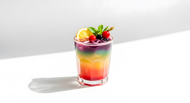 Colorful layered rainbow cocktail with fresh berries for a Pride Month celebration