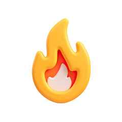 Naklejka premium A stylized, 3D rendered image of a flame. The flame is a bright, cartoonish, rounded shape, with a bright orange/yellow color and a lighter orange/peach inner flame detail. 