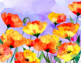 Watercolor poppy field