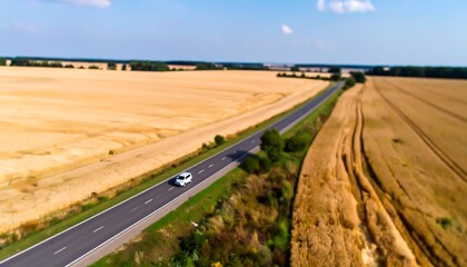 High-angle view of a road through golden fields