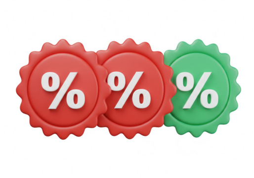 Three discount percentage badges isolated on transparent background