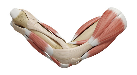 Anatomical model of the human elbow joint with muscles and bones, isolated on white background