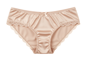 Beige satin panties with lace trim on transparent background