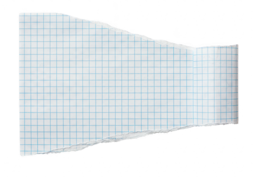 Torn piece of graph paper with blue grid lines, isolated on transparent background