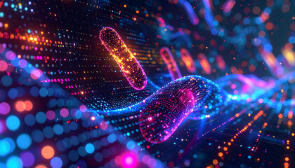 Digital Bacteria: A mesmerizing, high-tech depiction of bacteria, rendered in vibrant digital light, bringing the microscopic world to life.