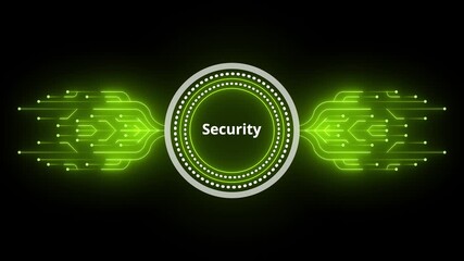 Glowing neon line HUD circle with circuit board animation. Neon light green circle with security text animated on black background. 4k video - Powered by Adobe