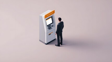 A businessman interacts with a modern ATM hine displaying a service menu on its illuminated screen