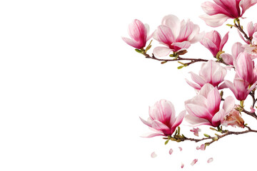 Delicate pink magnolia blossoms cascade against a stark black background