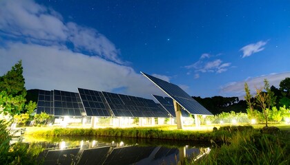 Solar panels at night, reflected in a pond