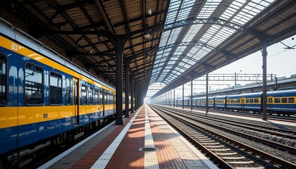 modern train station platform with multiple blue and yellow trains under glass roof extending into