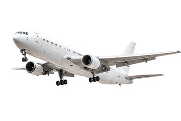 Obraz premium White jet airliner in flight against a black background. Large commercial airplane, clean white body, powerful jet engines visible, wings outstretched, in mid-air