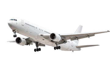 White jet airliner in flight against a black background.  Large commercial airplane,  clean white body,  powerful jet engines visible,  wings outstretched,  in mid-air