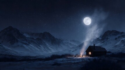 Cozy mountain cabin in a snowy landscape warmly lit by firelight under a bright full moon and twinkling stars in the serene night sky