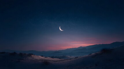 A luminous crescent moon shines brightly over a sprawling desert landscape bathed in the tranquil hues of a star speckled twilight sky