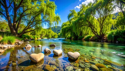 Tranquil river scene with heart-shaped stones