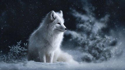 Obraz premium A majestic white arctic fox sits gracefully in a serene snowy winter forest under the gentle glow of moonlight with snow softly falling