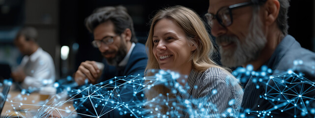 Diverse business professionals collaborate while digital network connections visualize their communication.
