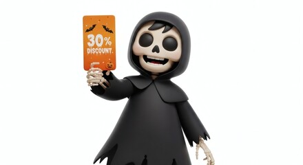 happy cartoon character skeleton boy person wearing black cloathes holding a Holding 30% Discount Card for halloween theme in 3d style design on white background 