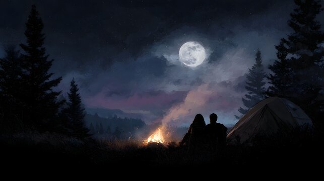 Couple enjoying a romantic night camping by a campfire under the full moon in a serene forest landscape