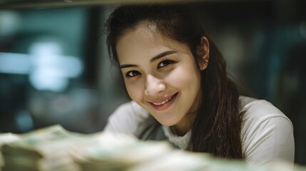 Fototapeta premium A smiling woman in a professional setting with stacks of cash suggesting a financial transaction