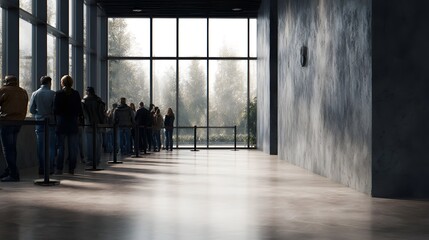 Modern interior with people queuing by large under natural daylight