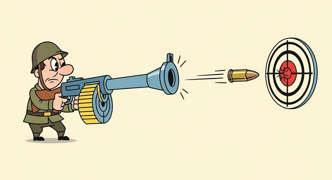 cartoon soldier fires machine gun at target bullseye