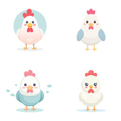 Obraz premium Chicken cute pastel cartoon ensemble, lively vector illustration, cheerful expressions.