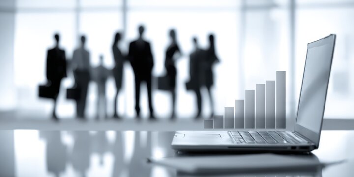 Laptop displaying growing business bar graph in front of blurred business team