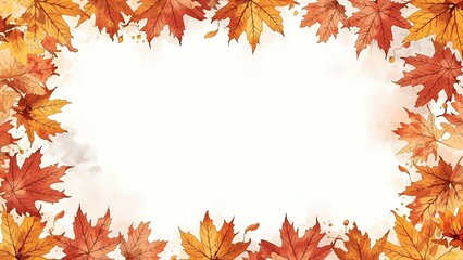 Fototapeta premium A beautiful autumn frame with a border of falling red and orange maple leaves, creating a sense of gentle motion. An elegant and seasonal design for a fall-themed invitation or card