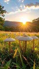 Mushrooms in a meadow at sunset