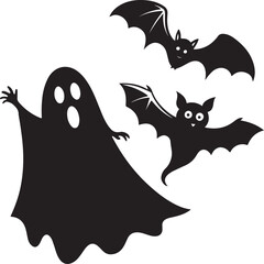 Spooky Ghost and Flying Bats Vector Silhouette