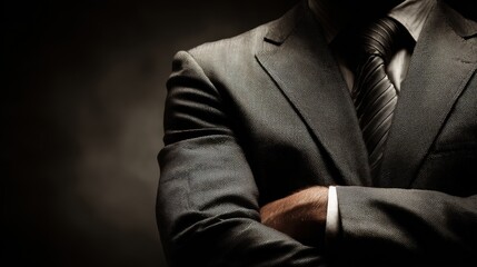 Sophisticated professional in a tailored suit with arms crossed in a confident pose