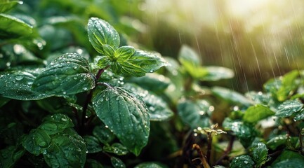 Close-up of fresh mint leaves glistening with rain drops. Lush greenery bathed in sunlight filtering through raindrops