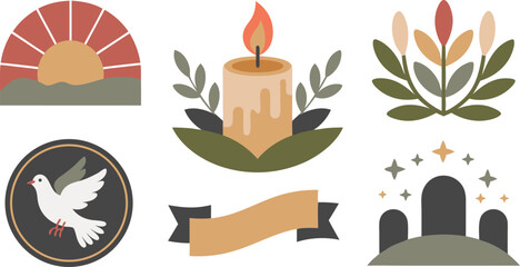 Aesthetic Bohemian Illustration with Dove, Candle, Landscape, Ribbon, and Foliage Elements