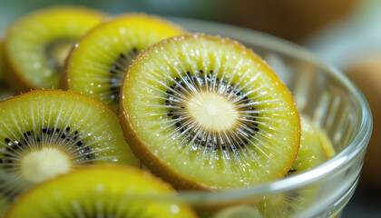 Close-up of fresh kiwi slices in a glass bowl, bright summer vibes"