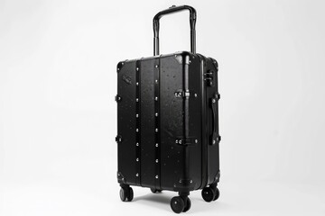 High Resolution Visual of Black Suitcase with Wheels and a Handle on a White Background
